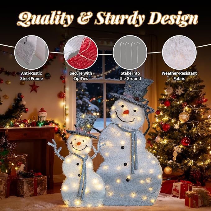 VINGLI 5ft Set of 2 Lighted Snowman Christmas Decorations, 2D Tinsel Snowmen with Top Hats, 80 Warm White LED Lights, Indoor Outdoor Xmas Yard Lawn Porch Holiday Decor