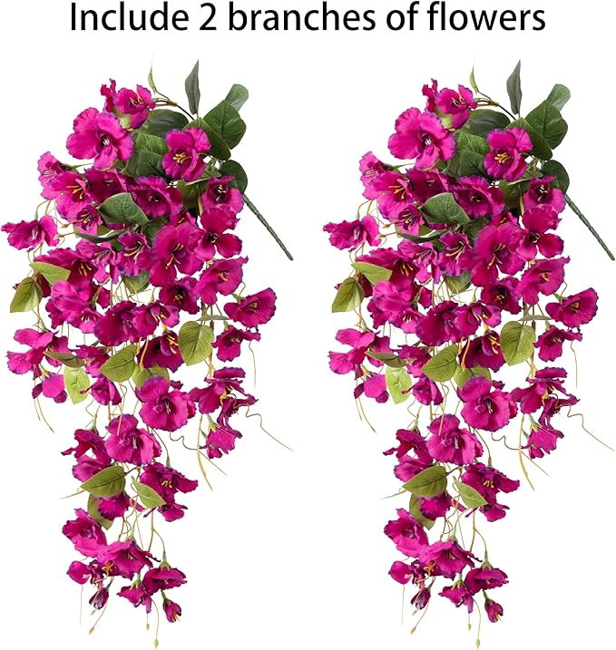 Artificial Hibiscus Fake Hanging Flowers Plants for Outdoors Spring Summer Decor, 2pcs Fuchsia Silk Hibiscus Long Trailing Vines UV Resistant Realistic Faux Flower for Outside Front Door Porch Patio