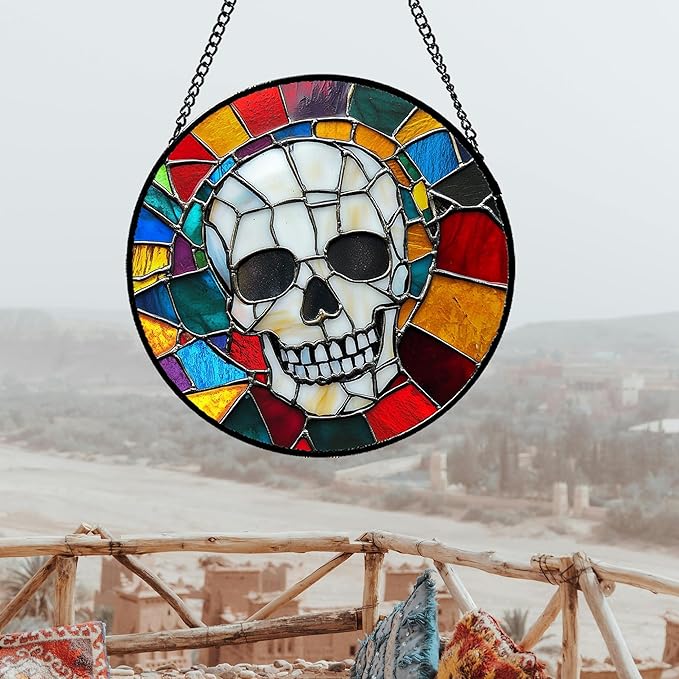 Stained Glass Window Hanging Halloween Horror White Skull 7.8" - Suncatcher Door Garden Kitchen Sun Catcher Home Gothic Decor Birthday for Mom Men Woman Friend Grandma
