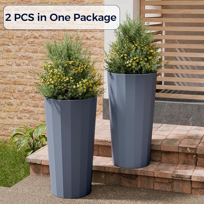 23.6" Tall Planters for Outdoor Plants, Large Outdoor Planters for Porch Decor with Drainage Hole, Wide Stripe Design Flower Pots Fits Indoor Plants Patio/Garden, Plastic Gray Blue (2 Pack)