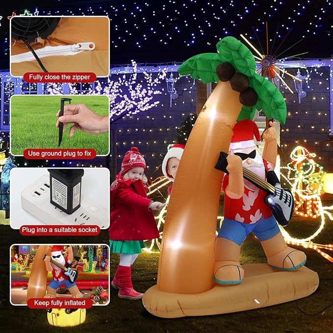 7FT Santa Claus Playing Guitar Under Coconut Tree Christmas Inflatable Decoration with LED Lights, Suitable for Holiday Celebration Decorations on Yards, Lawns and Patios
