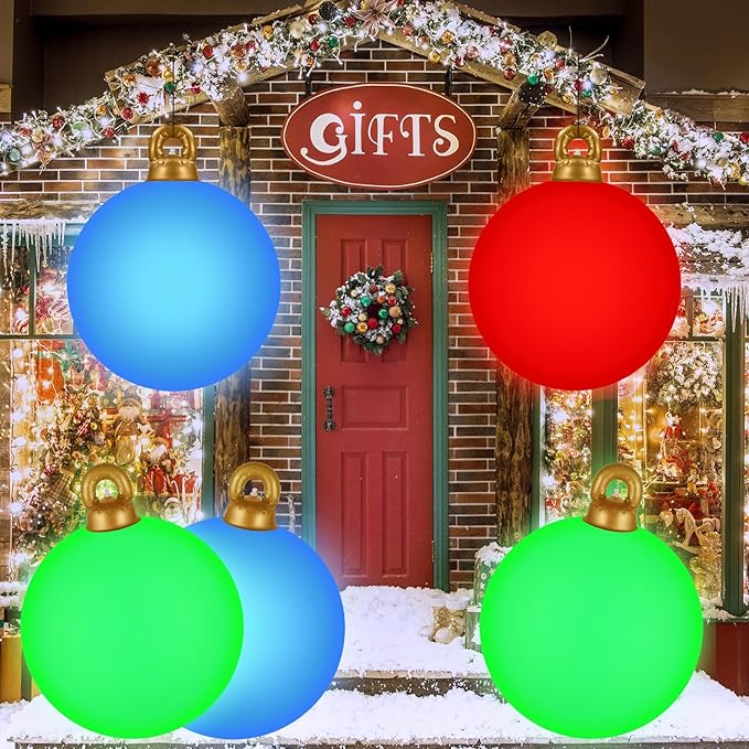 [Light up] Inflatable Ornaments Balls Outdoor 2Pcs: Flashes in Red | Green | Blue and Timer, 24 Inch Giant Christmas Inflatable Ornaments, Reusable PVC - Blow Up Ornament Balls for Yard, Porch, Party