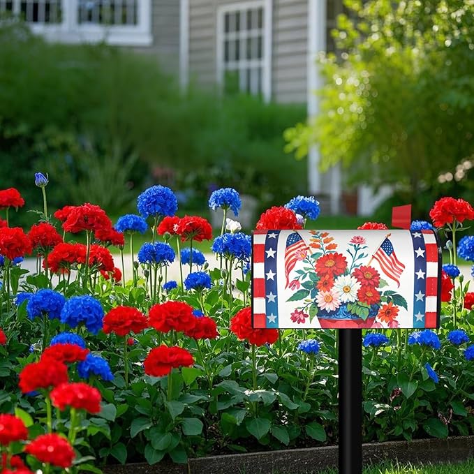 Patriotic American Flower Mailbox Cover, 4th of July Red Blue 25.1" Lx 21" W Magnetic Mailbox Cover, USA Floral Large Size Post Letter Box Wrap Decor, Independence Day Garden Yard Outdoor Decoration