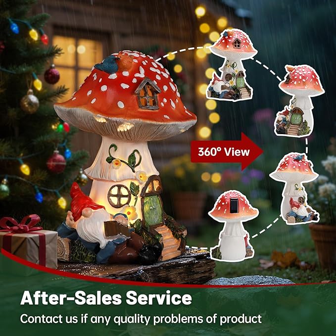 Solar Mushroom Gnome Reading Light, Weatherproof Resin Fairy Garden Figurine Decor Auto On/Off - Book Lover for Pathway & Patio