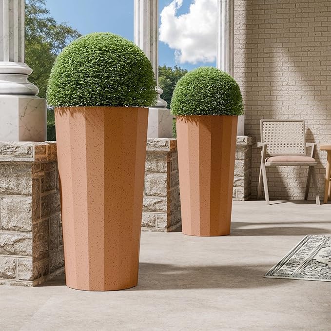 23.6" Tall Planters for Outdoor Plants, Rust Large Outdoor Planters for Porch Decor with Drainage Hole, Wide Stripe Flower Pots Fits Indoor Plants Patio/Garden, Plastic Terracotta (2 Pack)