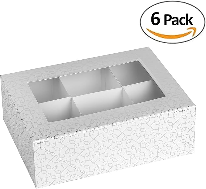 Hammont Window Box with Six Sections - 6 Pack - 7”x5”x2.5” - Silver Colored Versatile Bakery Boxes Perfect for sharing Snacks and Cookies | 6 Insert Sections Gift Boxes