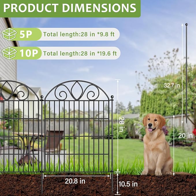 10 Panels No Dig Decorative Garden Fence with Gate – 28" H X 19.6' L Rustproof Metal Dog Fence Outdoor for Yard, Animal Barrier Fence for Pet, Garden Border, Patio, Flower | Temporary Fencing