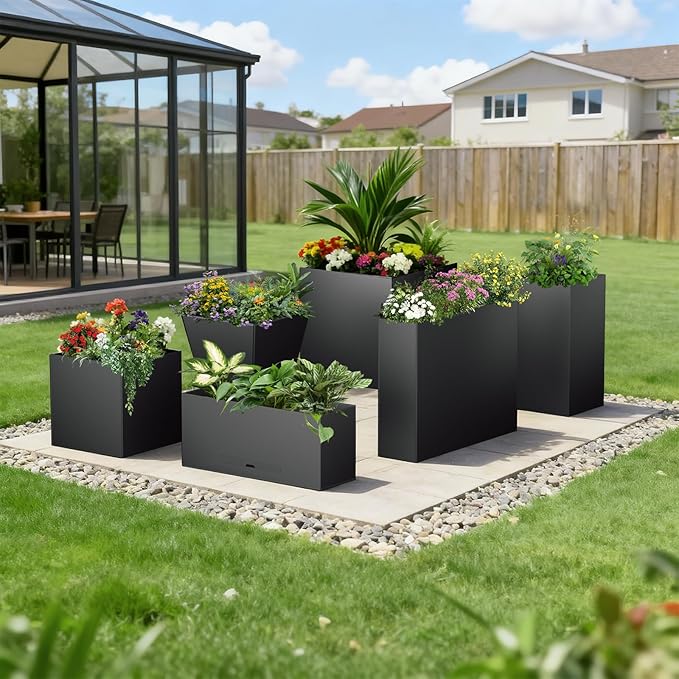 Metal Planter Box 36" x 12"x 16",Heavy-duty Galvanized Steel Outdoor Planter with Removable Built-in shelf and Drainage Holes,Rectangular Planter for Porches, Gardens, Patios, and Courtyards，Black