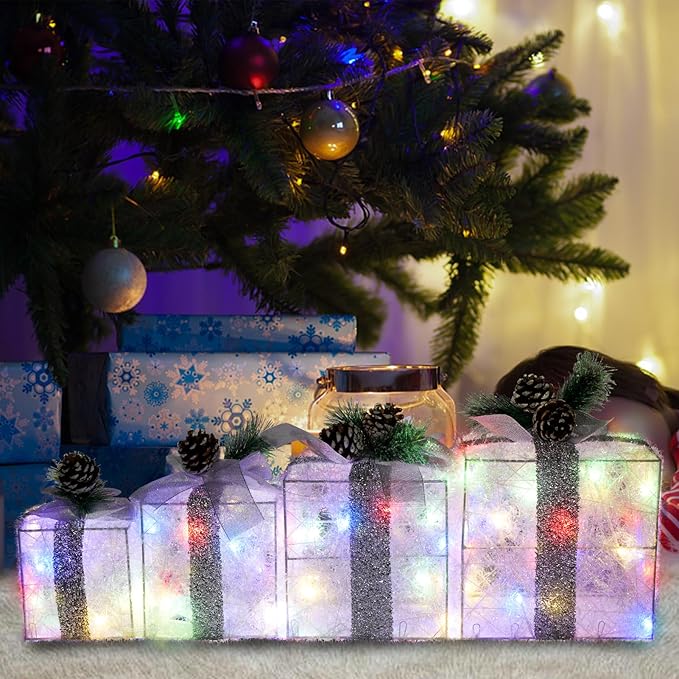 Christmas Lighted Gift Boxes, Pre-lit Lights Gift Boxes Set of 4, Light up Present Boxes Set Battery Operated with Different Sizes for Holiday Indoor Outdoor Decorations(Multi-Colored)