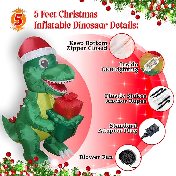 Christmas Inflatables Dinosaur Lighted Yard Lawn Inflatable Decoration with Built-in Fan and Stakes Ropes Holiday Party Decor, Christmas Decor (5FT- Dinosaur Holds Giftbox)