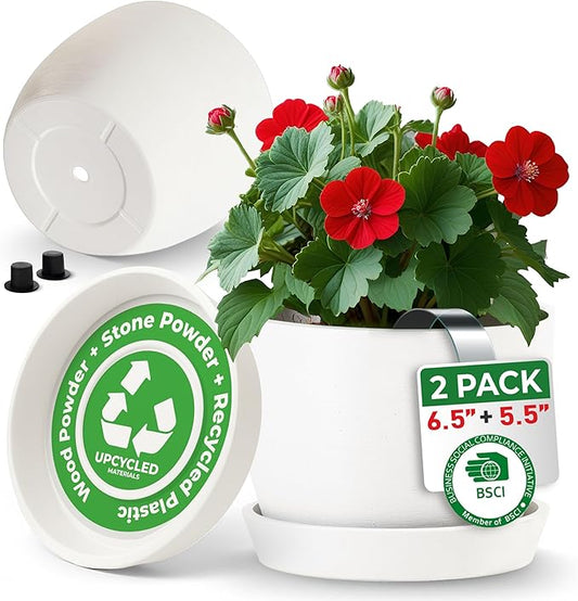 UNBREAKABLE Plant Pots Set of 2, Advanced Eco-Poly Planters with Drainage & Saucers, 6.5" + 5.5" Plastic Pots - Designer Indoor & Outdoor Décor and a Great Gift for Plant Lovers - Ventura Mist White