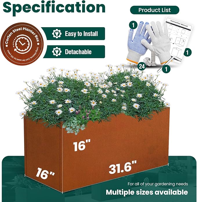 Corten Steel Planter Box Rectangular Planters Large Outdoor Planter Metal Planter Box for Tall Plant Trough Rustic Patina for Garden Yard Commercial Residential Farm 16 in x 31.5 in x 16 in