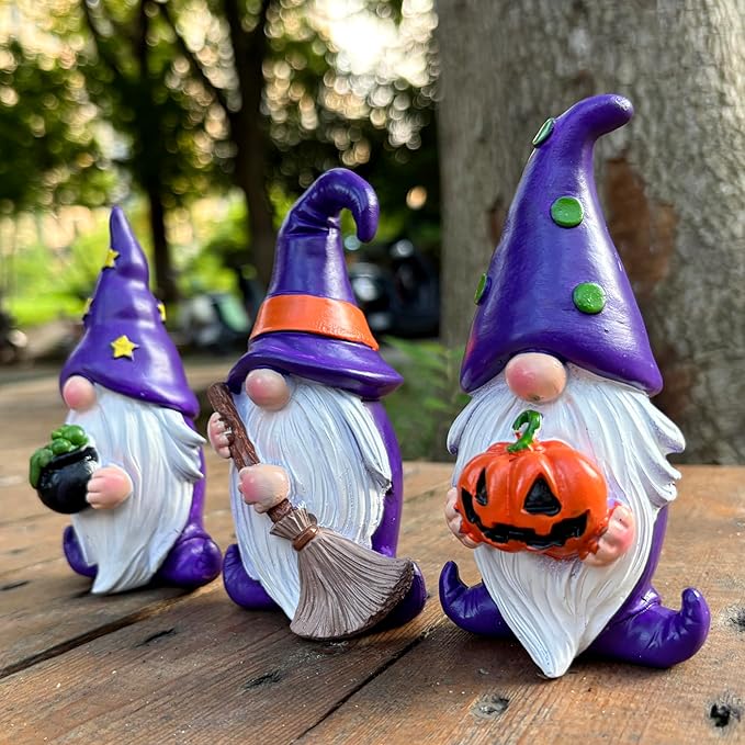 Purple Wizard Witch Gnomes Set of 3 - Mini Resin Figurines for Tiered Tray, Mantel and Gothic Home Decor Storybook Charm Gothic Gnomes Collection