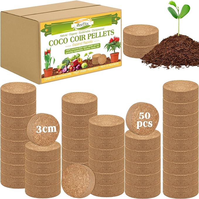 ZeeDix Coco Coir Potting Soil, 50pcs 30mm Compressed Coconut Fiber Seed Starter Soil Pellets, Coco Peat Soil Discs for Indoor Outdoor Plants, Herbs, Houseplants, Flowers, Succulents, Vegetables