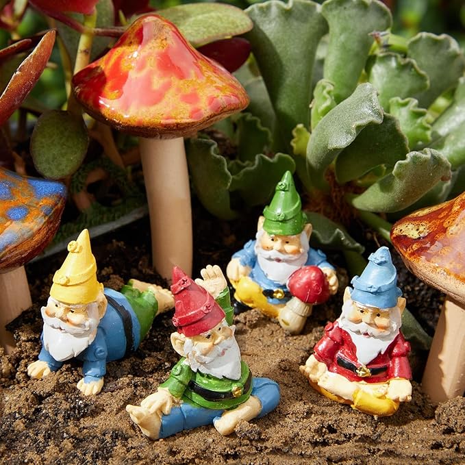 Juvale 4 Pieces Mini Garden Gnomes, Outdoor Statue Set in Funny Poses for Yoga Gifts, Plant Pots Decor (2 in)