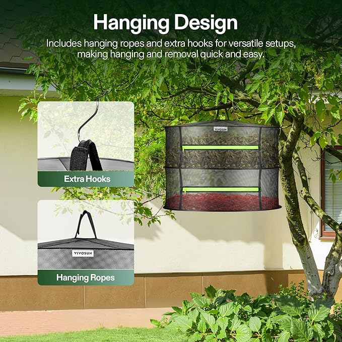 VIVOSUN 2-Layer Mesh Drying Rack Hanging Design with Green Zippers for Dehydrating, Indoor and Outdoor Pruning Shears Included