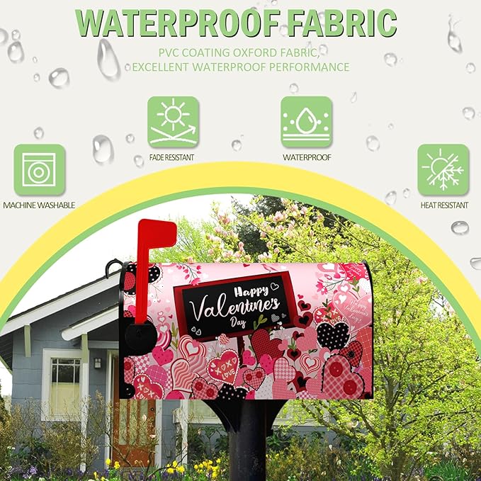 Happy Valentine's Day Mailbox Cover - Red Love Heart Magnetic Mailbox Cover - Floral Holiday Letter Post Box Wrap - Standard Size 18" X 21" for Garden Outdoor Yard Decor