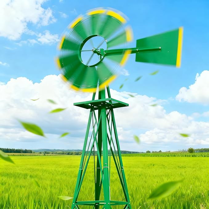 8FT Windmill for Yard Garden Decoration with Weather Vanes，Heavy Duty Outdoor Wind Mills, Large Metal Outdoor Windmill, Weather Resistant,Green