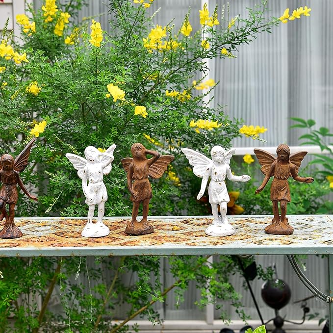 Sungmor Cast Iron Garden Angel Statue, Set of 2 Rustic Brown Fairy Figurines, Creative Angel Pixie Collection Home Office Desk Decor, Indoor Outdoor Fairy Garden Accent Ornament