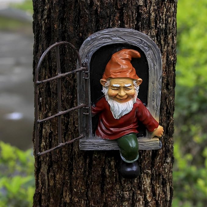 Garden Gnome Open The Door Garden Decor Resin Tree Faces Decor Outdoor Fairy Garden Patio Lawn Porch (Red)