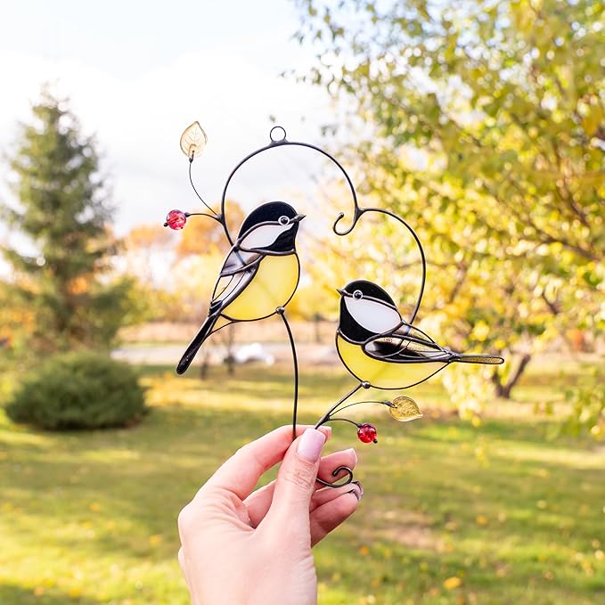 Gift Birds Handmade Chickadee Stained Glass Suncatchers Genuine Stained Glass Window Hanging Unique Indoor Ornament & Outdoor Decor (Pair of Chickadee)