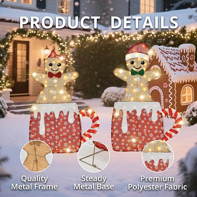 42" H Lighted Gingerbread Outdoor Christmas Decorations, Pre-lit Gingerbread Boy & Girl in Hot Cocoa Mug Ornament, 2D Holiday Decors for Lawn Porch Yards, 160 LEDs, Set of 2