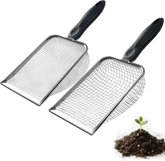 2 PCS 2-in-1 Gardening Soil Sifter Set with 3.8/5mm Mesh, Garden Sieve & Shovel Sifter Screen Potting Scoop for Sand, Dirt, Rock Compost, Stainless Steel & Ergonomic Handle