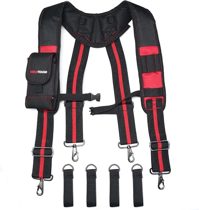 MELOTOUGH Tool Belt Suspenders Construction Work Suspenders with detachable phone holder comfortable foam shoulder padder (Red)