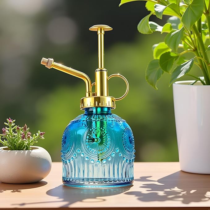 Glass Plant Mister Spray Bottle, Vintage Plant Spritzer, Succulent Watering Bottle Glass with Top Pump, Small Plants Sprayer Watering Can for Indoor Outdoor House(Blue and White)