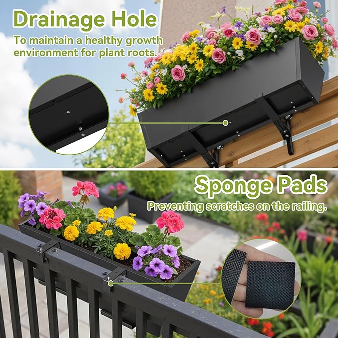 Railing Planter Box - Heavy Duty Window Boxes, 36” Deck Railing Planter Boxes with Adjustable Bracket, Deck Planters for Railing Outdoor Fence (1 Pack)