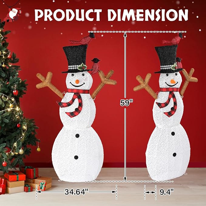 VINGLI 5FT Outdoor Snowman Christmas Decorations, Lighted Outdoor Snowman w/120 LED Lights, Tall Hat, Red Scarf, Ground Stakes, Zip Ties for Indoor, Yard, Outside Xmas Decor