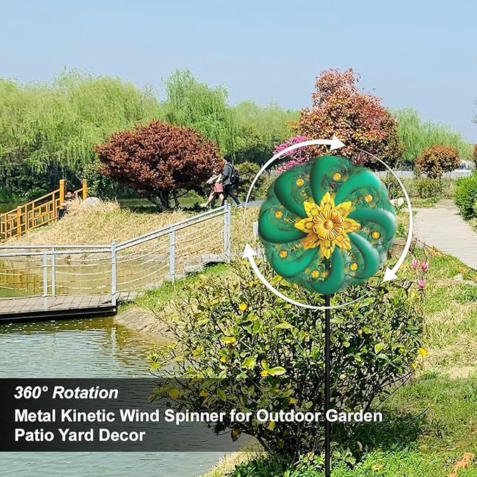 Flower Outdoor Metal Wind Spinner, Single-Layer Kinetic Garden Art with Vibrant Green Finish - Weatherproof Wind Sculpture for Lawn, Patio, Yard Decor - 10''W x 36''H
