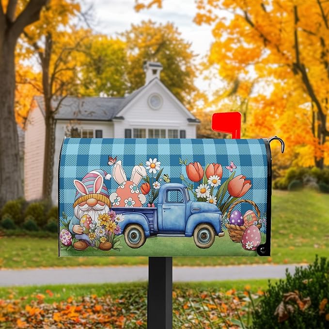 Easter Mailbox Covers Magnetic Gnome Mailbox Cover Standard Size 21x18 in Spring Colorful Flowers Decorations for Outside Garden Waterproof Oxford Blue Buffalo Plaid