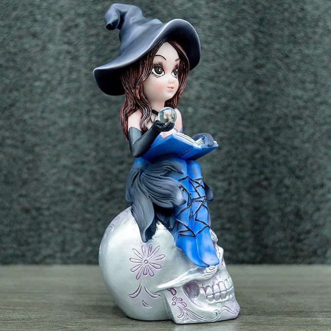 Fairy Figurine Set, Piece Decorative Collectible Statues Blue Witch Statue on Skull - Gothic Home Decor, Halloween Resin Sculpture Mystical Witch Figure with Black Hat & Detailing