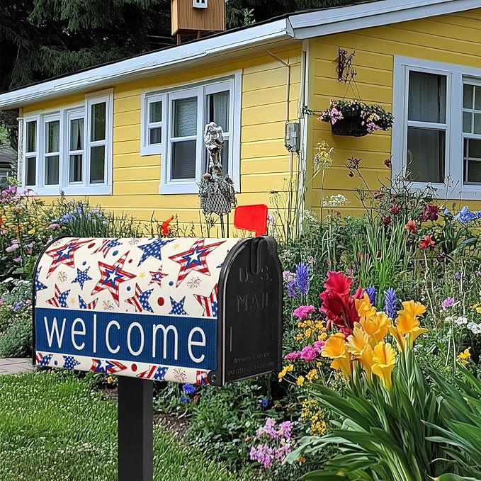 Welcome Star Mailbox Magnetic Covers 4th of July Mailbox Cover Patriotic Post Letter Box Cover Wrap Fourth of July Mail Box Decorations for Outside Garden Standard Size 21x18 in
