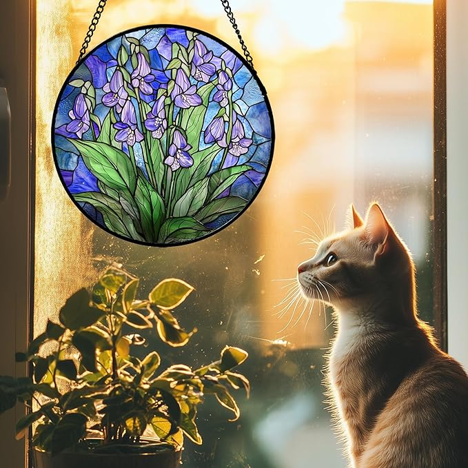 Stained Glass Suncatcher, Blue Purple Flowers Green Leaves Sun Catcher Plants Stain Glass Window Hanging Decoration Mother's Day Birthday Gifts for Women Men Mom and Nana 15 in
