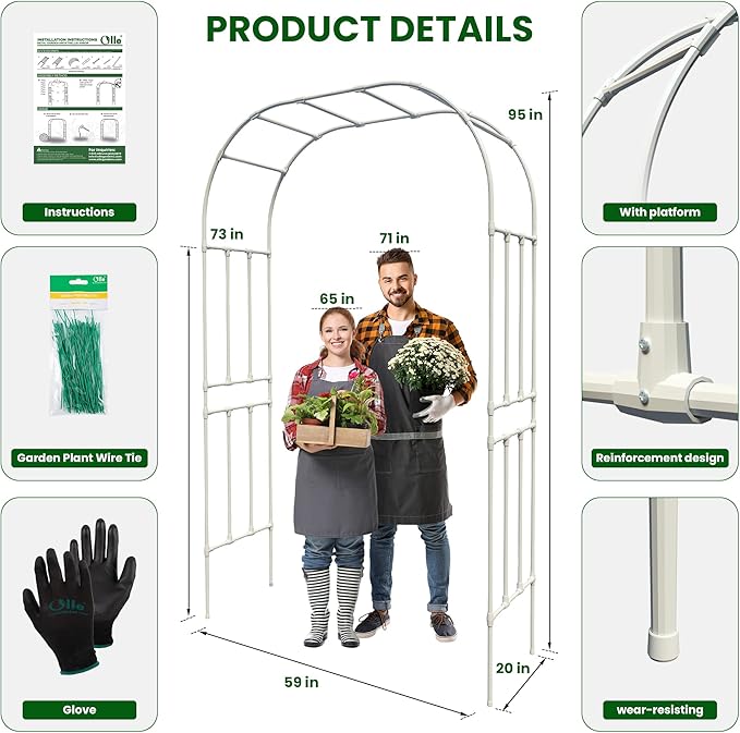 Olle Arbor Trellis for Climbing Plants - Outdoor Metal Arch, 95" High x 59" Wide, White