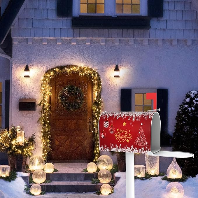 Merry Christmas Mailbox Cover, Winter Tree Snowflake Xmas Magnetic Mailbox Covers, Large Size Garden Yard Letter Post Box Cover Decorations 25.5" L x 21" W