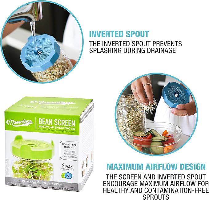 Masontops Bean Screen Sprouts Growing Kit - Sprouting Lids & Sprout Mixes Microgreens Growing Kit - Sprouting Kit Wide Mouth Mason Jar Strainer Lid