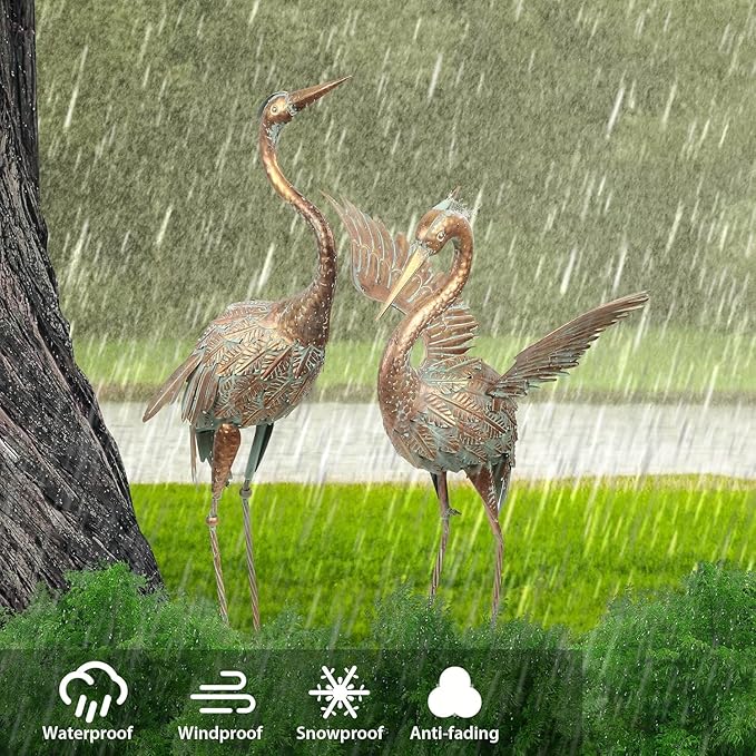 TERESA'S COLLECTIONS Garden Decor, Set of 2 Cranes Garden Decor, 33-39", Elegant Cranes with Golden Painting, Waterproof Metal Garden Statue, Herons Gifts Birthday Gifts for Women Mom