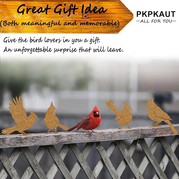 5-Piece Metal Bird Craft Statue Set - Cardinal Silhouettes, Rusty Finished - Perfect for Fence Toppers & Outdoor Decor