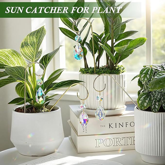 HDCRYSTALGIFTS 4PCS Small Trellis for Mini Potted Plants Indoor Decorations with Crystal Prisms Sun Catchers, 7.5inch Metal Plant Stakes Suncatchers for Fairy Garden Rainbow Crystals