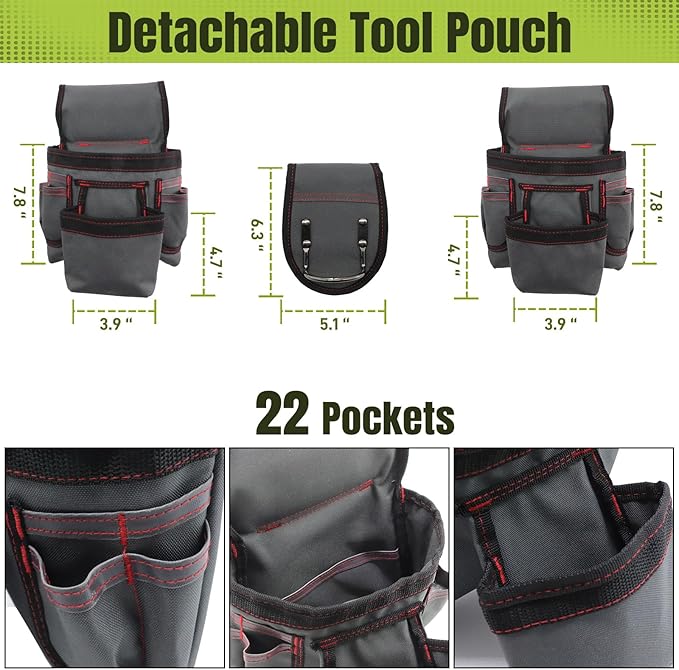 Tool Belt for Men, 32 to 66 Inches Adjustable Waist, Tool Belt with Suspenders for Electricians, Carpenters, Construction Workers and Gardeners, Grey and Red
