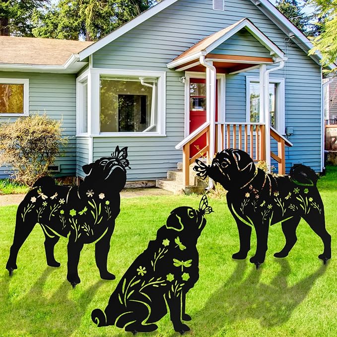 3 Pcs Metal Dog Garden Decor for Outside 12" Puppy Garden Stake Black Silhouette Statues Outdoor Decoration for Animal Lovers Gifts Women Men Patio Lawn Lawn Yard Art(Pug Dog)