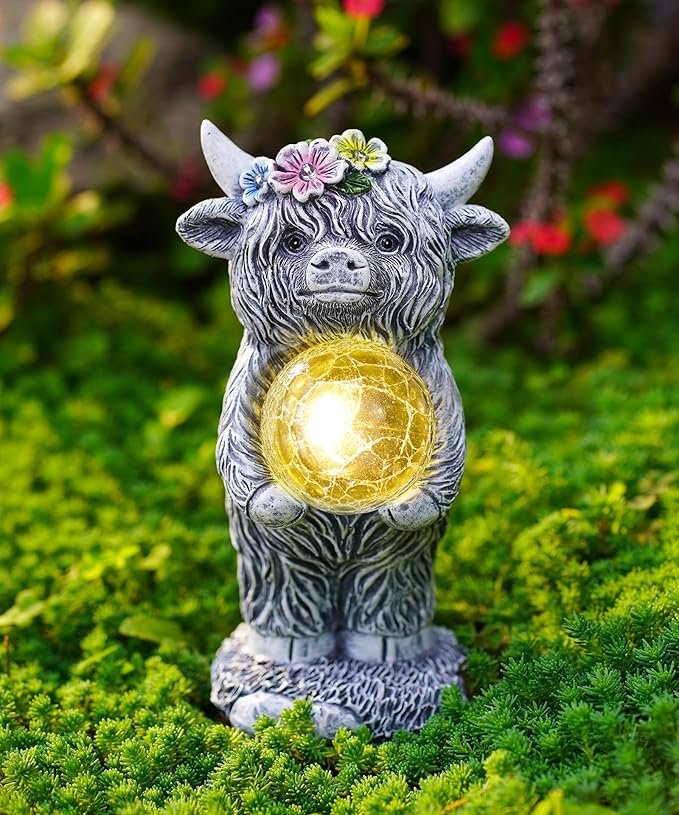 Solar Highland Cow Outdoor Decor:Garden Statue Sculpture Lamp with Ball for Yard Lawn Balcony Patio Porch- Birthday Gifts for Mom Women Grandma(Grey)