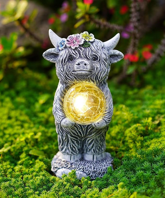 Solar Highland Cow Outdoor Decor:Garden Statue Sculpture Lamp with Ball for Yard Lawn Balcony Patio Porch- Birthday Gifts for Mom Women Grandma(Grey)