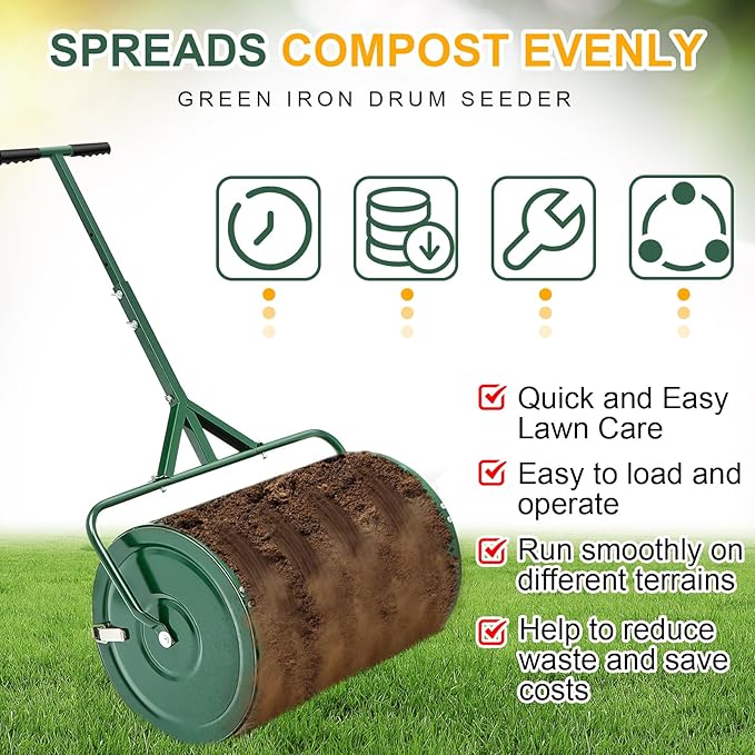 Hiboom 36 Inch Compost Spreader, Peat Moss Spreader, Manure Roller with Adjustable T Shaped Handle, Lightweight Metal Mesh for Lawn Garden Spreading Manure Topsoil (Green)