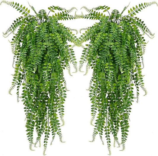 SzJias Artificial Hanging Plants Ferns Faux Fake Plants for Patio Porch Outdoor Decor (2 Pcs)