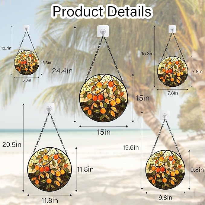 Stained Glass Suncatcher, Orange Green Fruit Tree Sun Catcher Landscape Stain Glass Window Hanging Decoration Mother's Day Birthday Gifts for Women Men Mom Nana 15 in