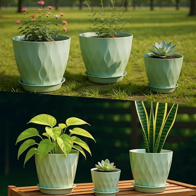 Plastic Flower Pots, 8/7/6/5/4 Inch Plant Pots with Drainage Holes, Plastic Planters for Indoor Outdoor Plants, 5 Pack Nursery Planting Pot for Garden Office Home Decor (Green, 8/7/6/5/4)